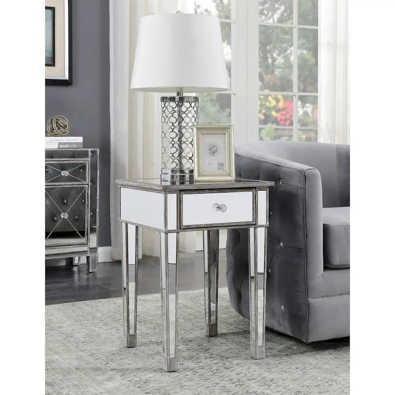 Table d'appoint à 1 tiroir miroir glamour avec poignées en faux cristal