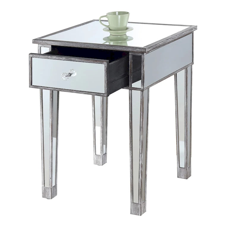 Table d'appoint à 1 tiroir miroir glamour avec poignées en faux cristal