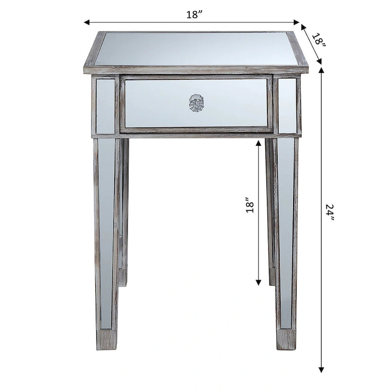 Table d'appoint à 1 tiroir miroir glamour avec poignées en faux cristal