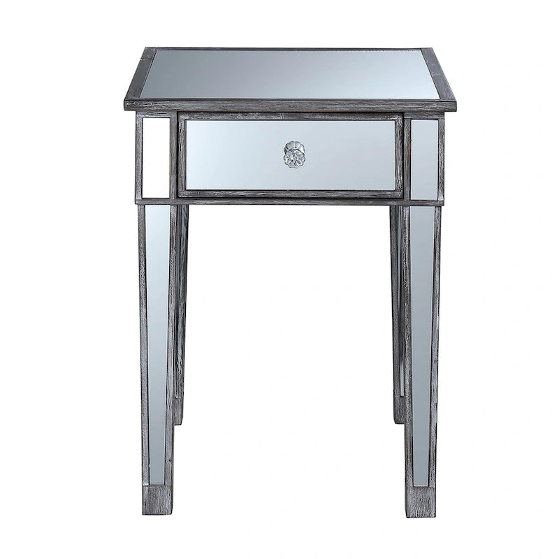 Table d'appoint à 1 tiroir miroir glamour avec poignées en faux cristal