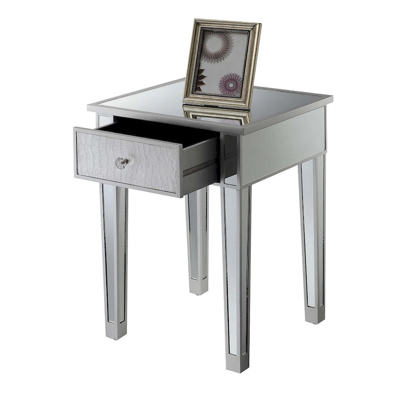 Table d'appoint à 1 tiroir miroir glamour avec poignées en faux cristal