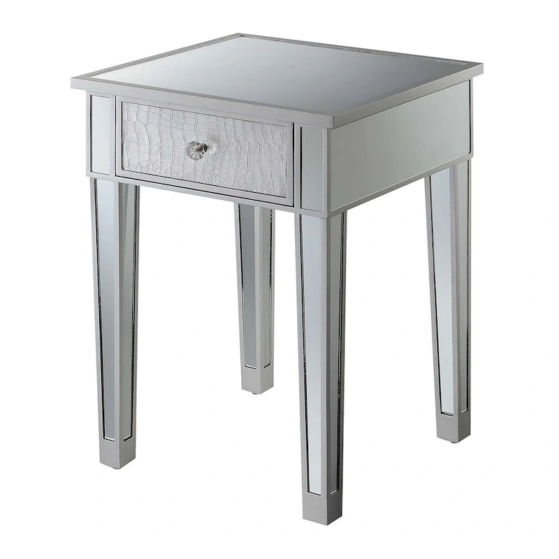 Table d'appoint à 1 tiroir miroir glamour avec poignées en faux cristal