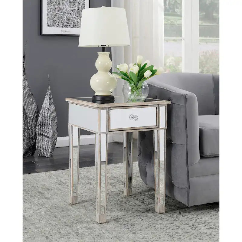 Table d'appoint à 1 tiroir miroir glamour avec poignées en faux cristal
