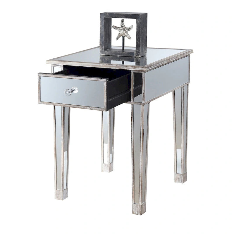Table d'appoint à 1 tiroir miroir glamour avec poignées en faux cristal