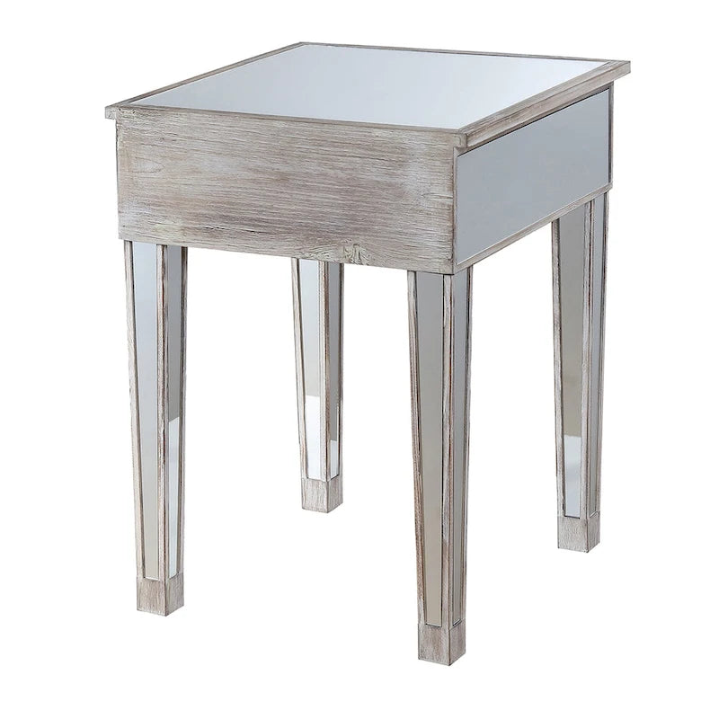 Table d'appoint à 1 tiroir miroir glamour avec poignées en faux cristal
