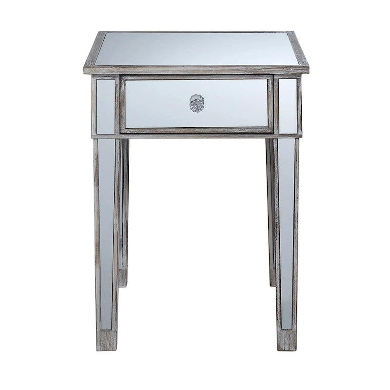Table d'appoint à 1 tiroir miroir glamour avec poignées en faux cristal