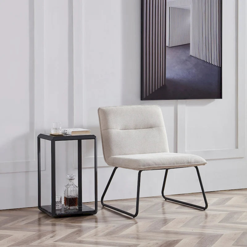 Chaise d'appoint sans accoudoirs en tissu rembourré avec pieds en métal noir