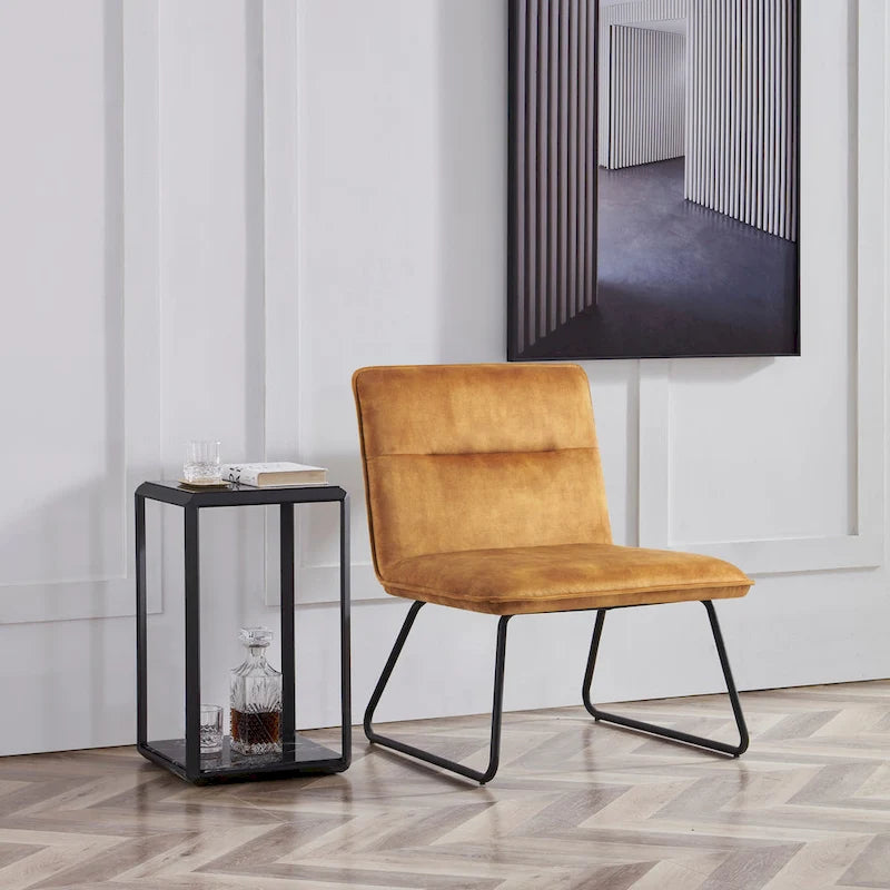 Chaise d'appoint sans accoudoirs en tissu rembourré avec pieds en métal noir