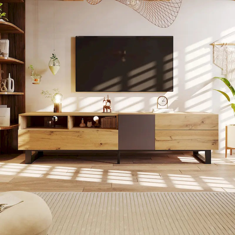 Meuble TV moderne et console multimédia pour téléviseurs jusqu'à 80 pouces – avec portes abattantes et rangements