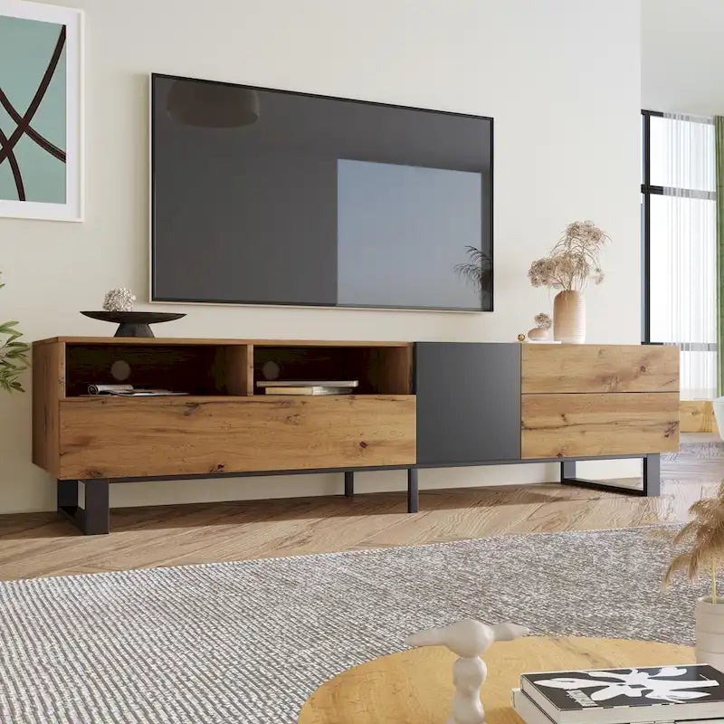 Meuble TV moderne et console multimédia pour téléviseurs jusqu'à 80 pouces – avec portes abattantes et rangements