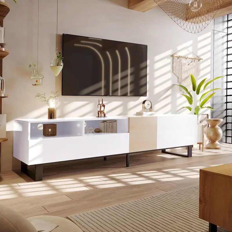 Meuble TV moderne et console multimédia pour téléviseurs jusqu'à 80 pouces – avec portes abattantes et rangements