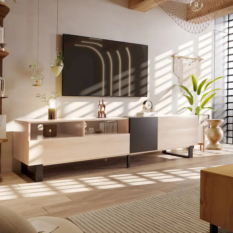 Meuble TV moderne et console multimédia pour téléviseurs jusqu'à 80 pouces – avec portes abattantes et rangements