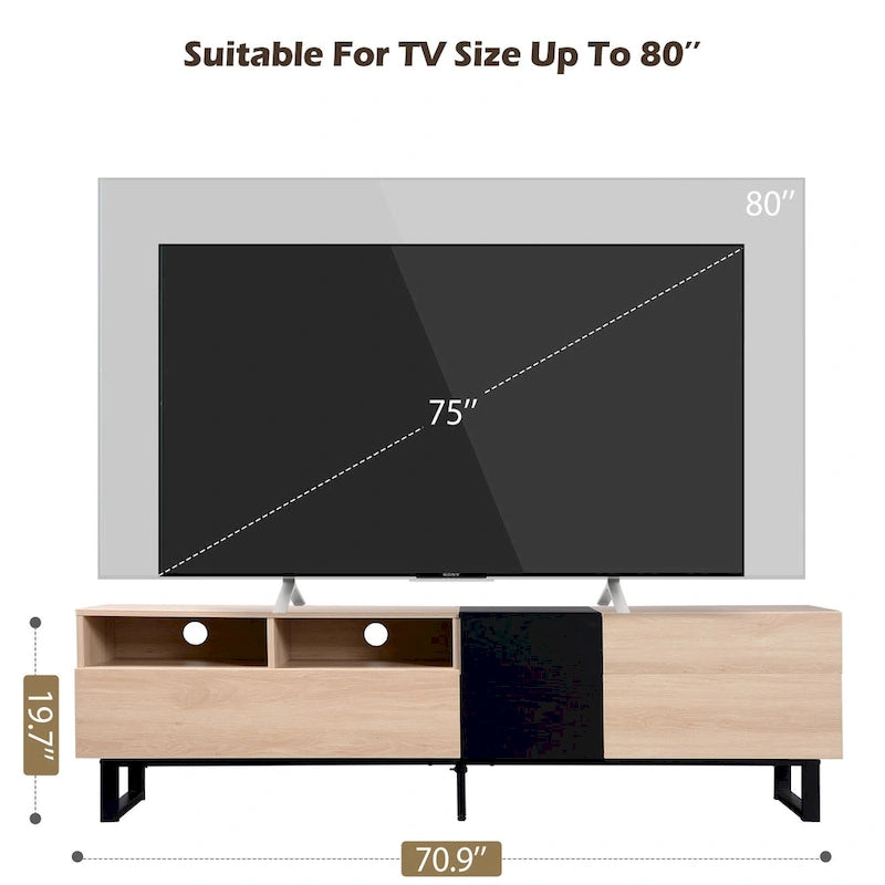 Meuble TV moderne et console multimédia pour téléviseurs jusqu'à 80 pouces – avec portes abattantes et rangements