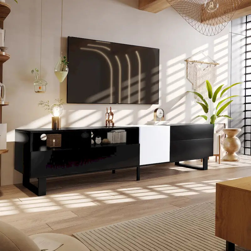 Meuble TV moderne et console multimédia pour téléviseurs jusqu'à 80 pouces – avec portes abattantes et rangements