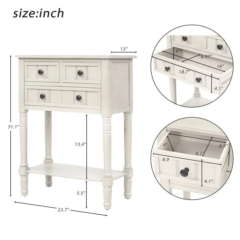 Console étroite avec 3 tiroirs et étagère inférieure