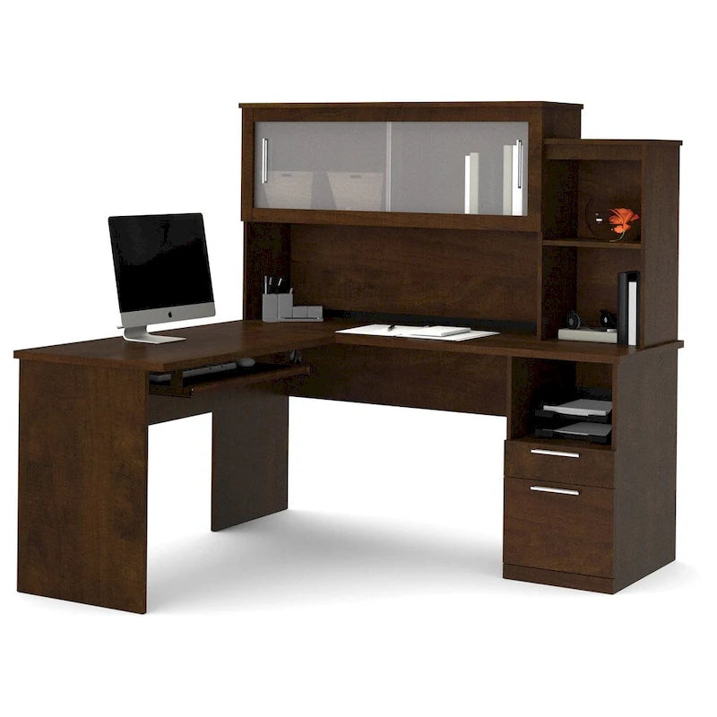 Bureau d'angle réversible avec tiroirs et portes en verre dépoli