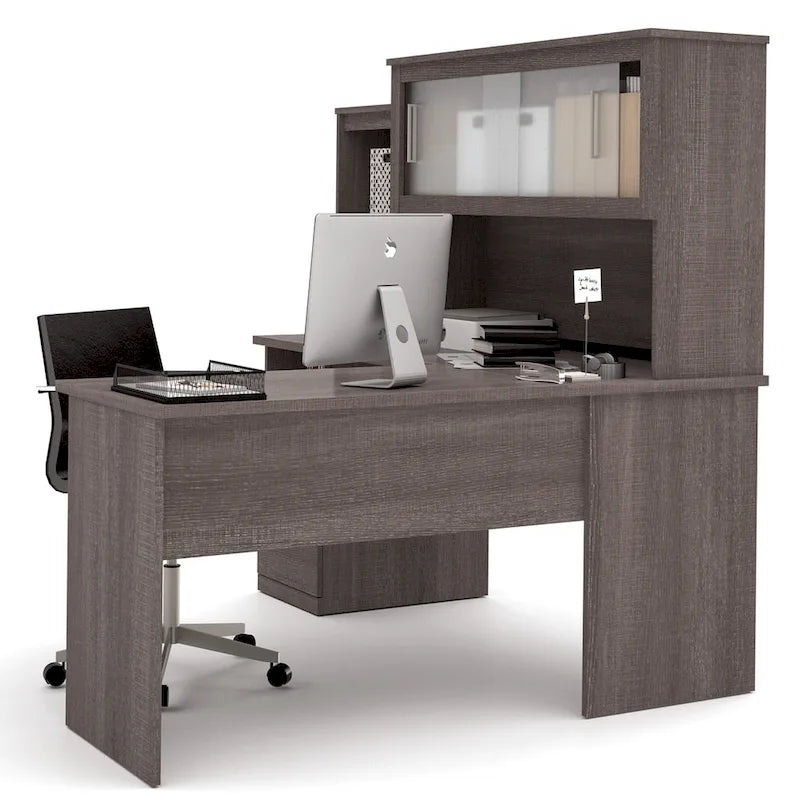 Bureau d'angle réversible avec tiroirs et portes en verre dépoli