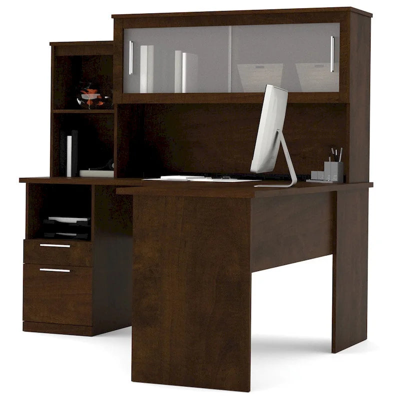 Bureau d'angle réversible avec tiroirs et portes en verre dépoli