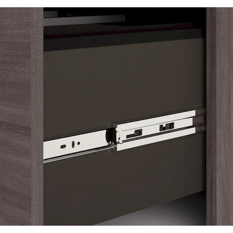 Bureau d'angle réversible avec tiroirs et portes en verre dépoli