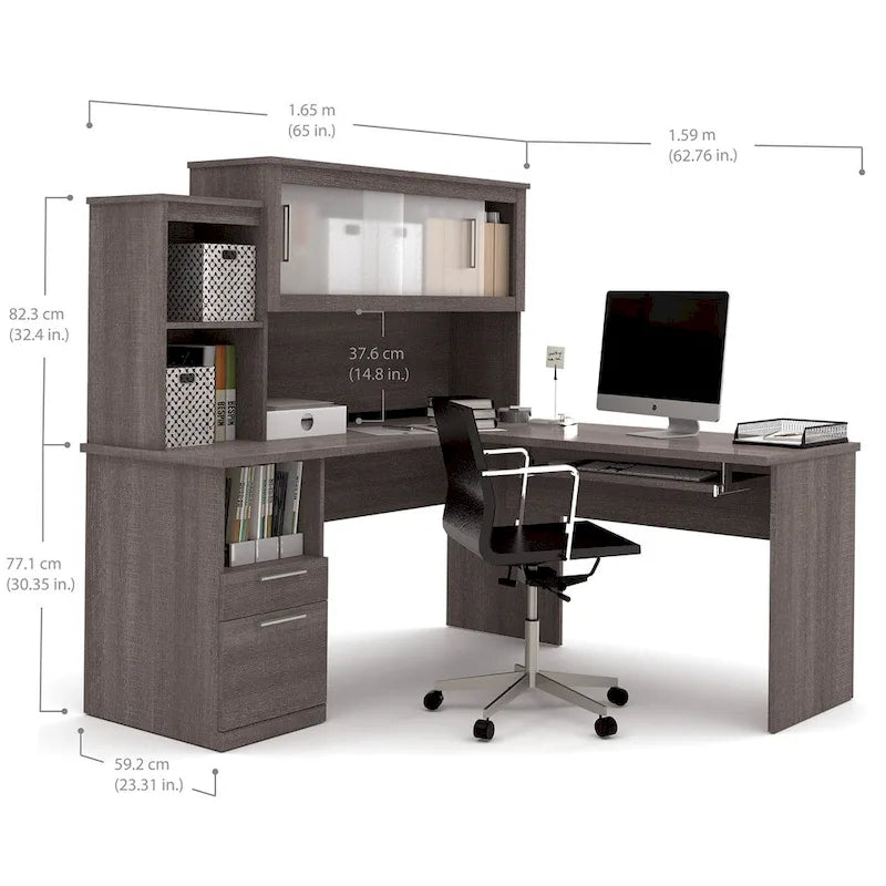 Bureau d'angle réversible avec tiroirs et portes en verre dépoli