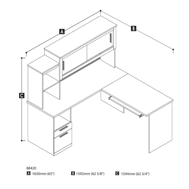 Bureau d'angle réversible avec tiroirs et portes en verre dépoli