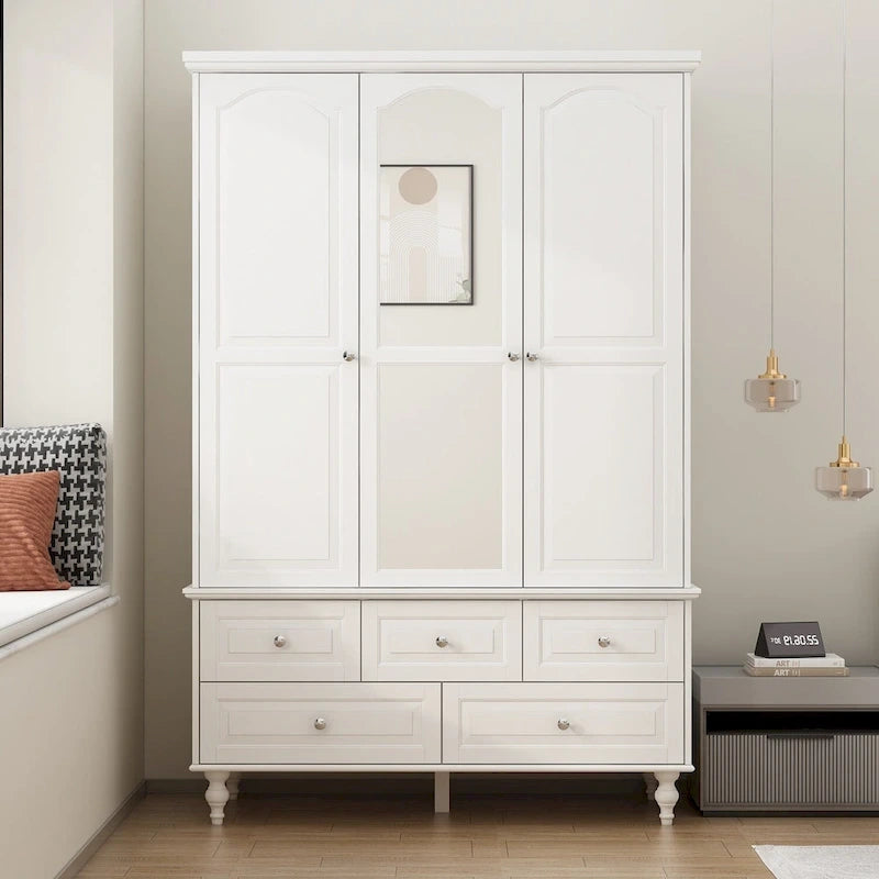 Armoire à portes miroirs avec tiroirs de rangement – Blanc et marron foncé