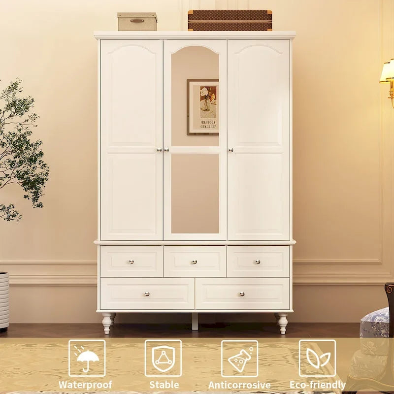 Armoire à portes miroirs avec tiroirs de rangement – Blanc et marron foncé