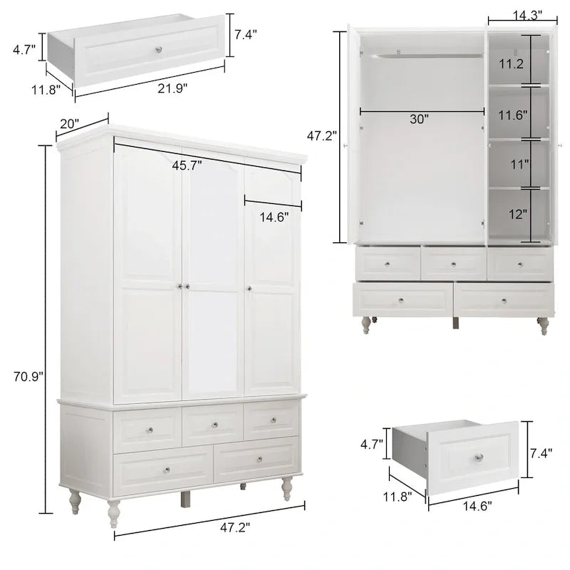 Armoire à portes miroirs avec tiroirs de rangement – Blanc et marron foncé