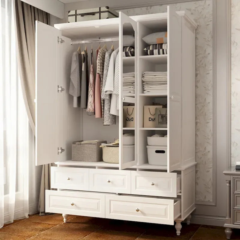 Armoire à portes miroirs avec tiroirs de rangement – Blanc et marron foncé