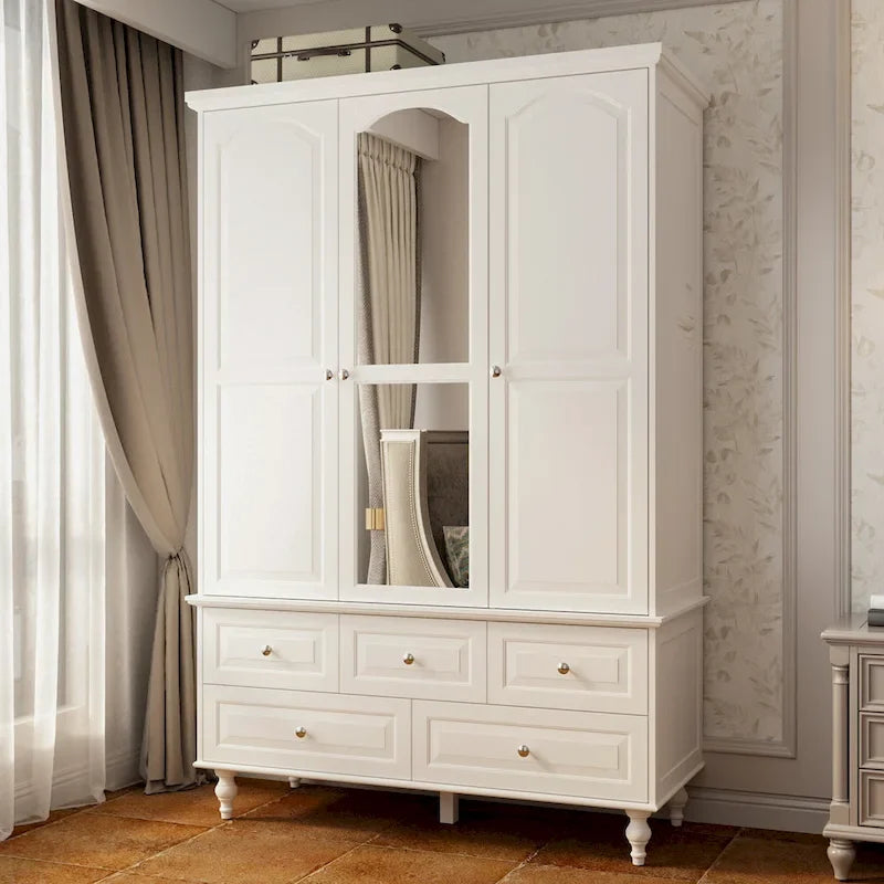Armoire à portes miroirs avec tiroirs de rangement – Blanc et marron foncé