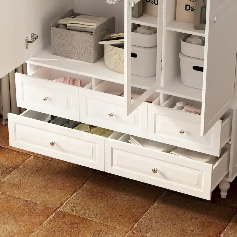 Armoire à portes miroirs avec tiroirs de rangement – Blanc et marron foncé