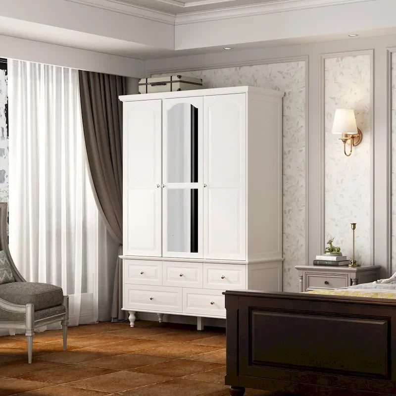 Armoire à portes miroirs avec tiroirs de rangement – Blanc et marron foncé