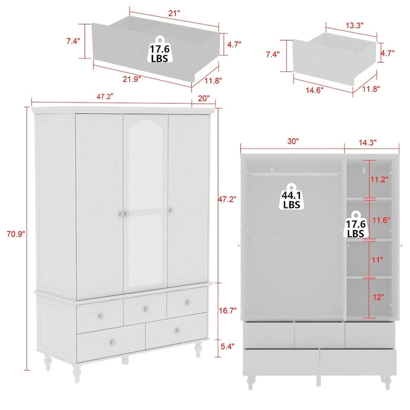 Armoire à portes miroirs avec tiroirs de rangement – Blanc et marron foncé