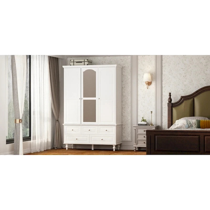 Armoire à portes miroirs avec tiroirs de rangement – Blanc et marron foncé