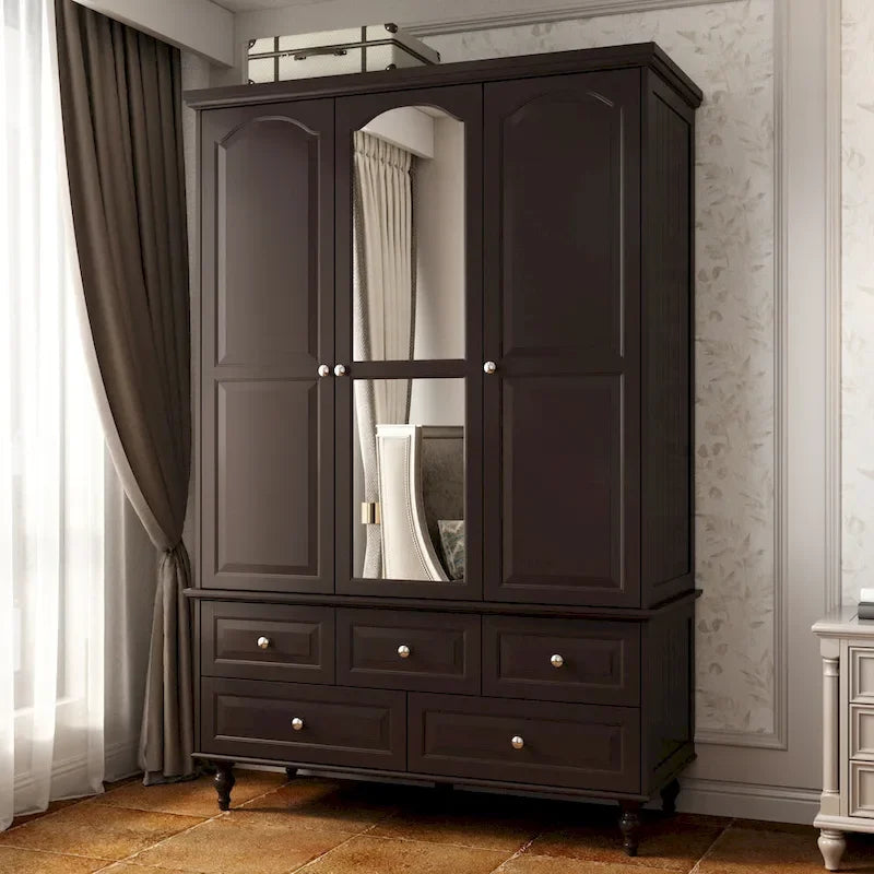 Armoire à portes miroirs avec tiroirs de rangement – Blanc et marron foncé