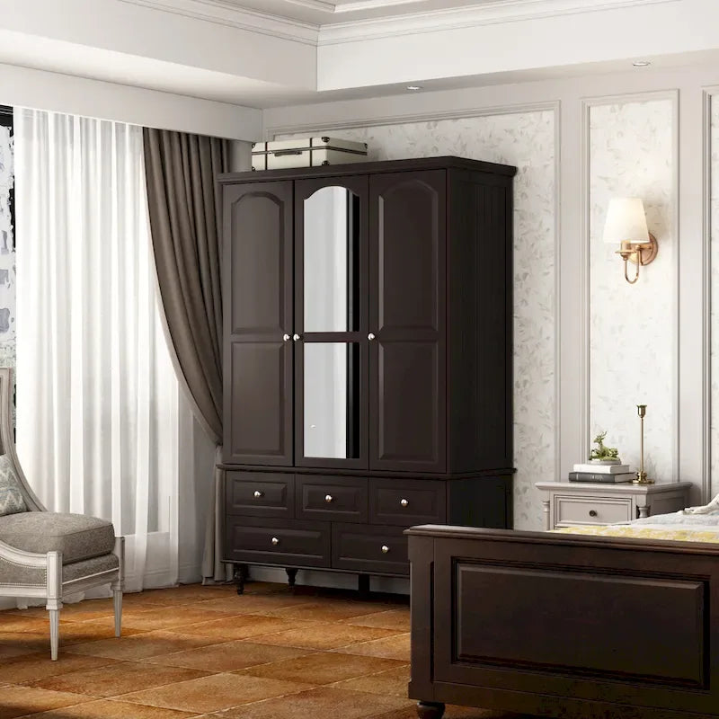 Armoire à portes miroirs avec tiroirs de rangement – Blanc et marron foncé