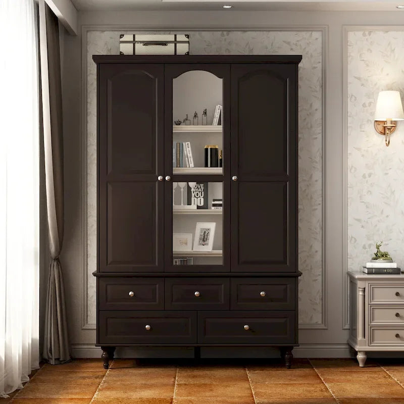 Armoire à portes miroirs avec tiroirs de rangement – Blanc et marron foncé