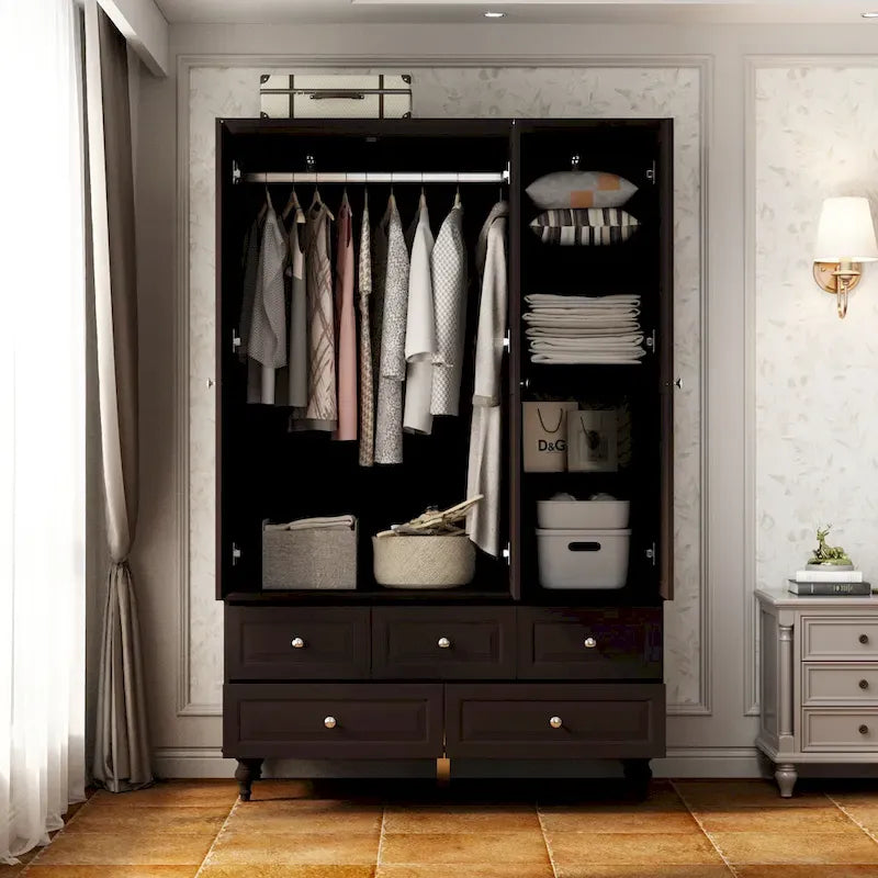 Armoire à portes miroirs avec tiroirs de rangement – Blanc et marron foncé