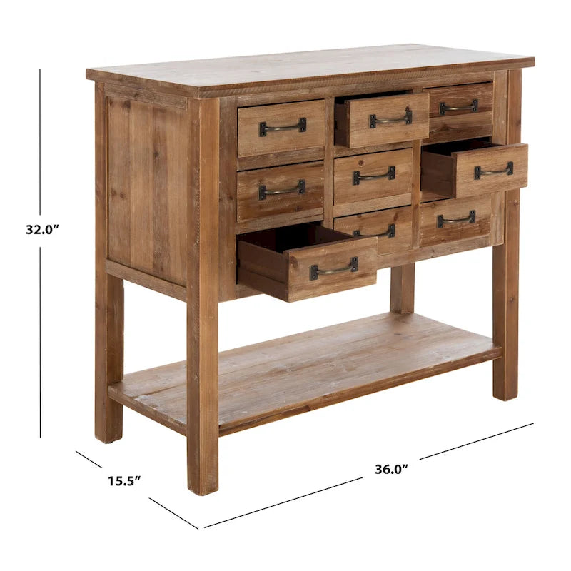 Commode d'appoint 9 tiroirs en chêne naturel avec étagère inférieure
