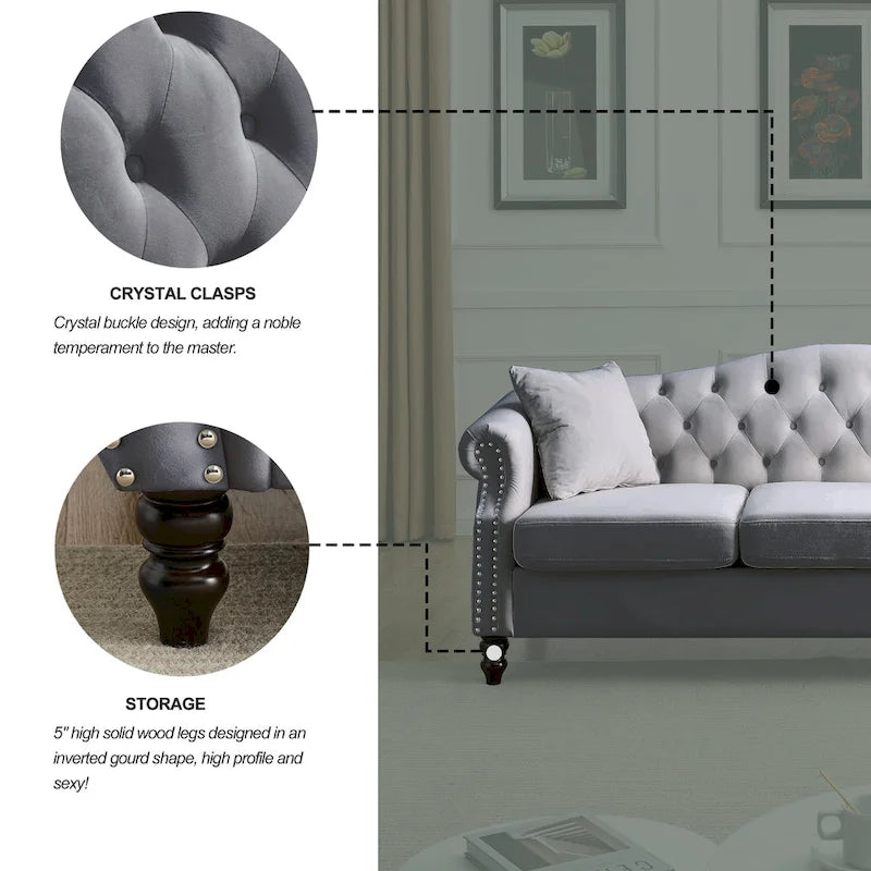 Canapé 3 places Chesterfield 79" en velours gris avec accoudoirs roulés et garniture cloutée