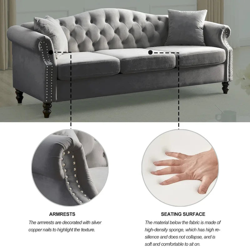 Canapé 3 places Chesterfield 79" en velours gris avec accoudoirs roulés et garniture cloutée