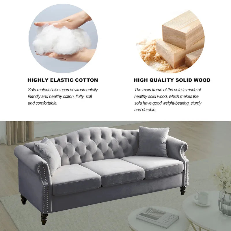 Canapé 3 places Chesterfield 79" en velours gris avec accoudoirs roulés et garniture cloutée