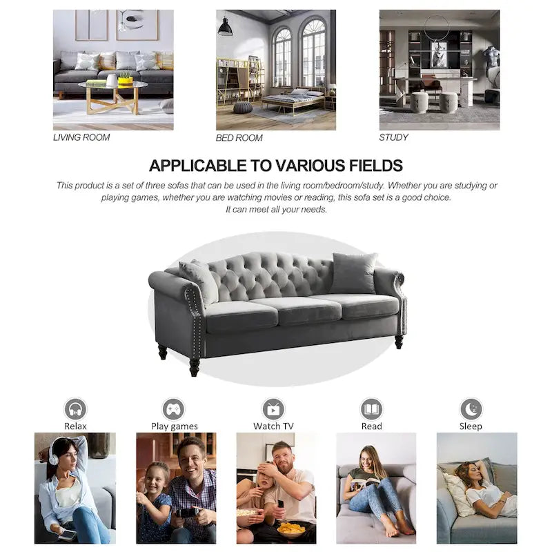 Canapé 3 places Chesterfield 79" en velours gris avec accoudoirs roulés et garniture cloutée