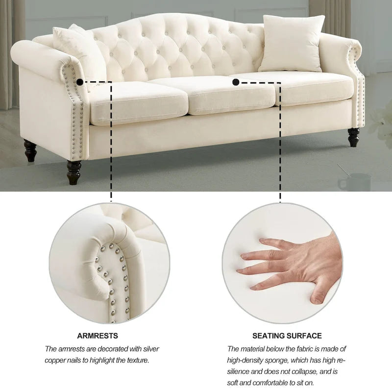 Canapé 3 places Chesterfield 79" en velours gris avec accoudoirs roulés et garniture cloutée