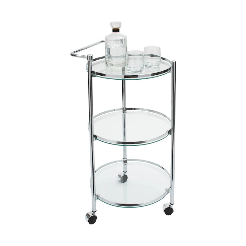 Desserte à roulettes à 3 niveaux en verre trempé et cadre chromé