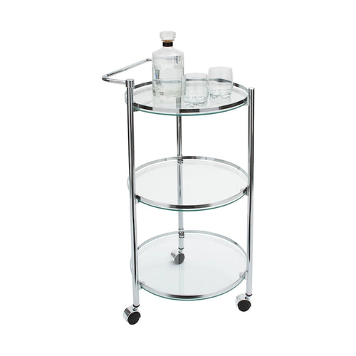 Desserte à roulettes à 3 niveaux en verre trempé et cadre chromé