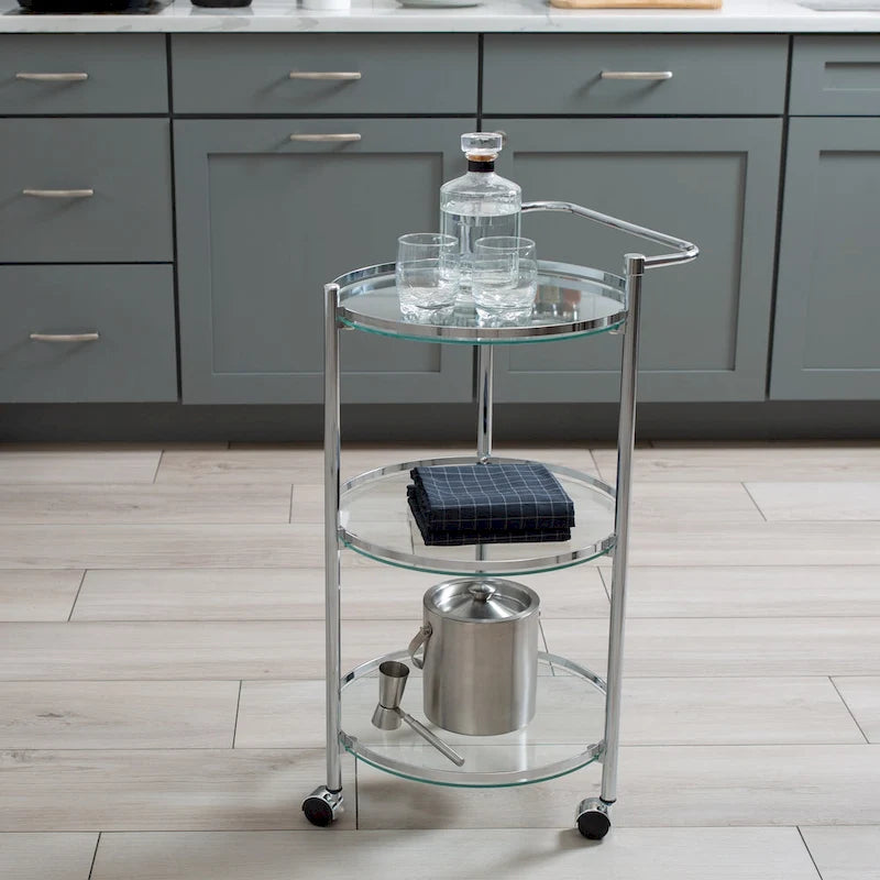 Desserte à roulettes à 3 niveaux en verre trempé et cadre chromé