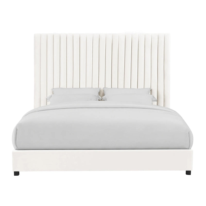 Lit haut en velours capitonné avec pieds en bois de bouleau