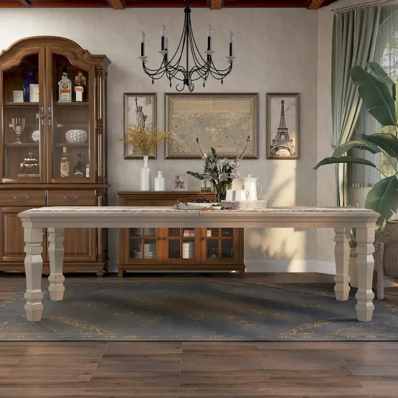 Table à manger extensible avec 2 rallonges – Peut accueillir jusqu'à 8 personnes, Blanc antique