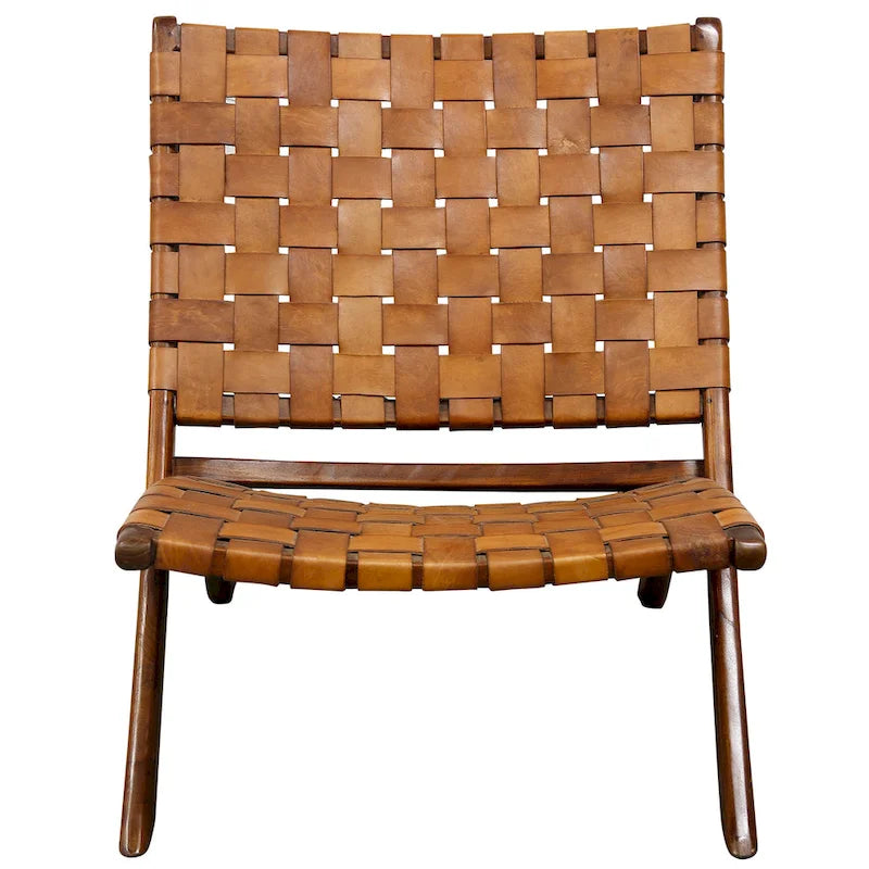 Fauteuil lounge en cuir tressé Mid-Century avec structure en bois de teck massif